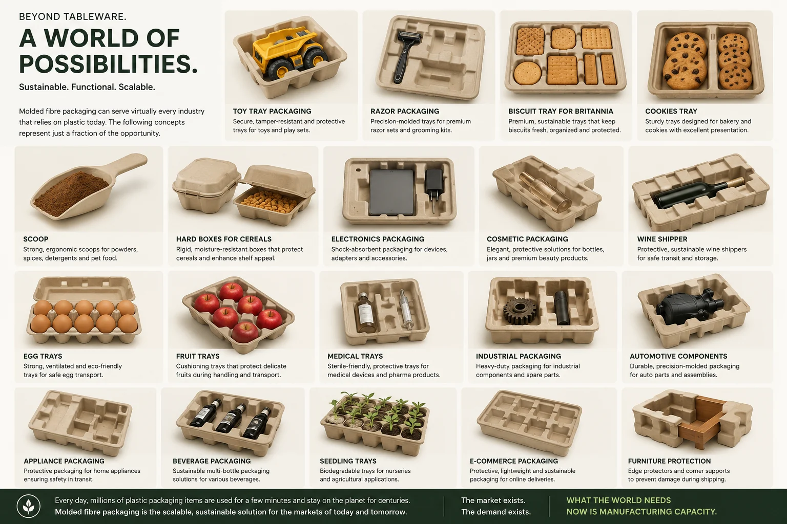 A matrix of moulded fibre packaging applications including electronics, medical, automotive, food, toys, wine, agriculture and furniture protection