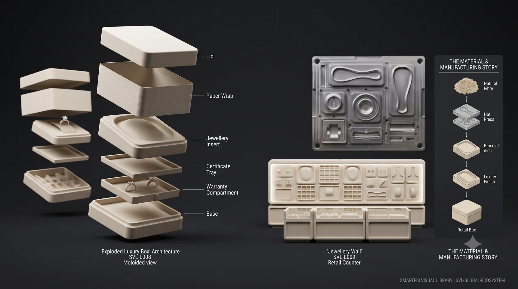 Luxury moulded fibre packaging architecture, forming tooling and material-to-product manufacturing sequence
