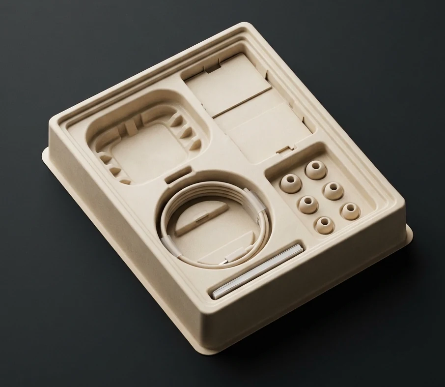 Precision moulded fibre electronics insert with engineered cavities for a device and accessories